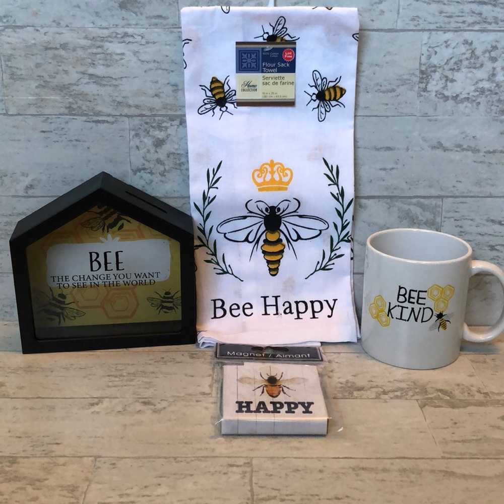 Trendy Farmhouse Honey Bumble Bee Gift Set Mug, Bank, Magnet & Kitchen Towel